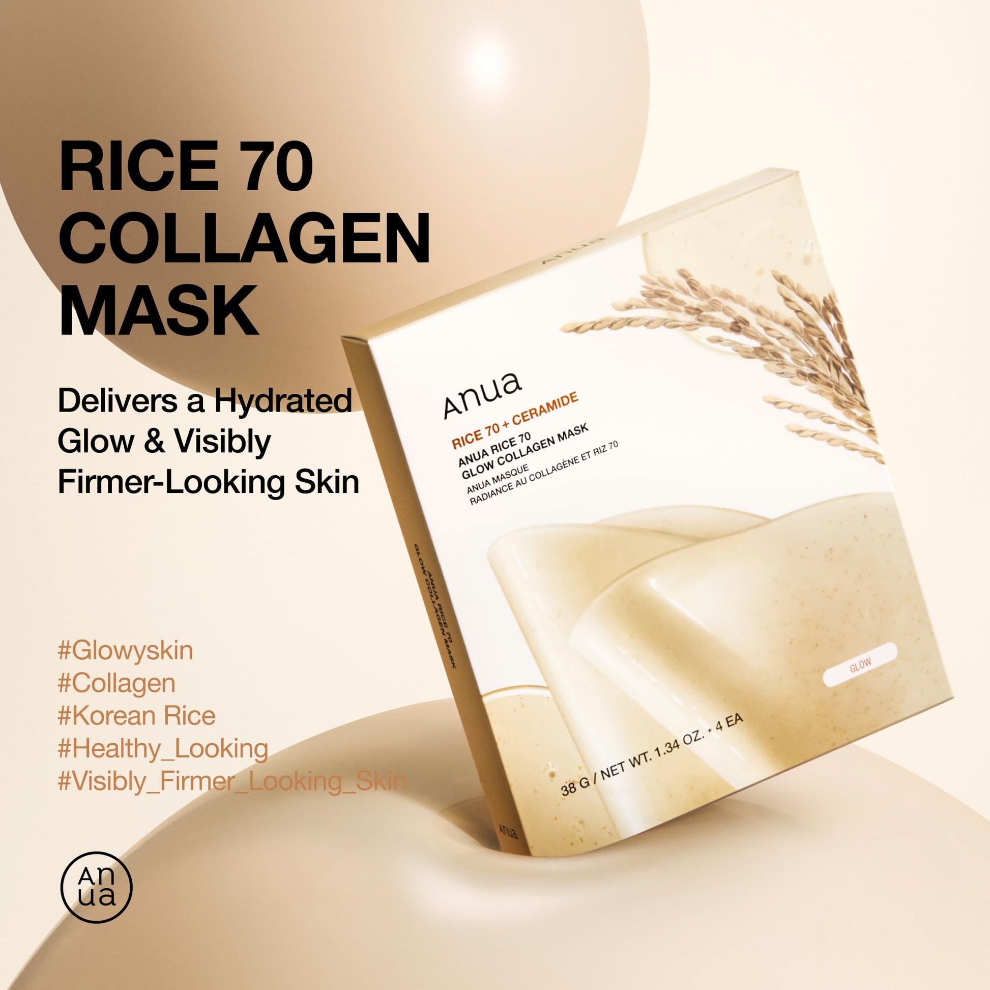 Anua Rice Collagen Mask: Overnight Glass Skin Care, 4 Pack