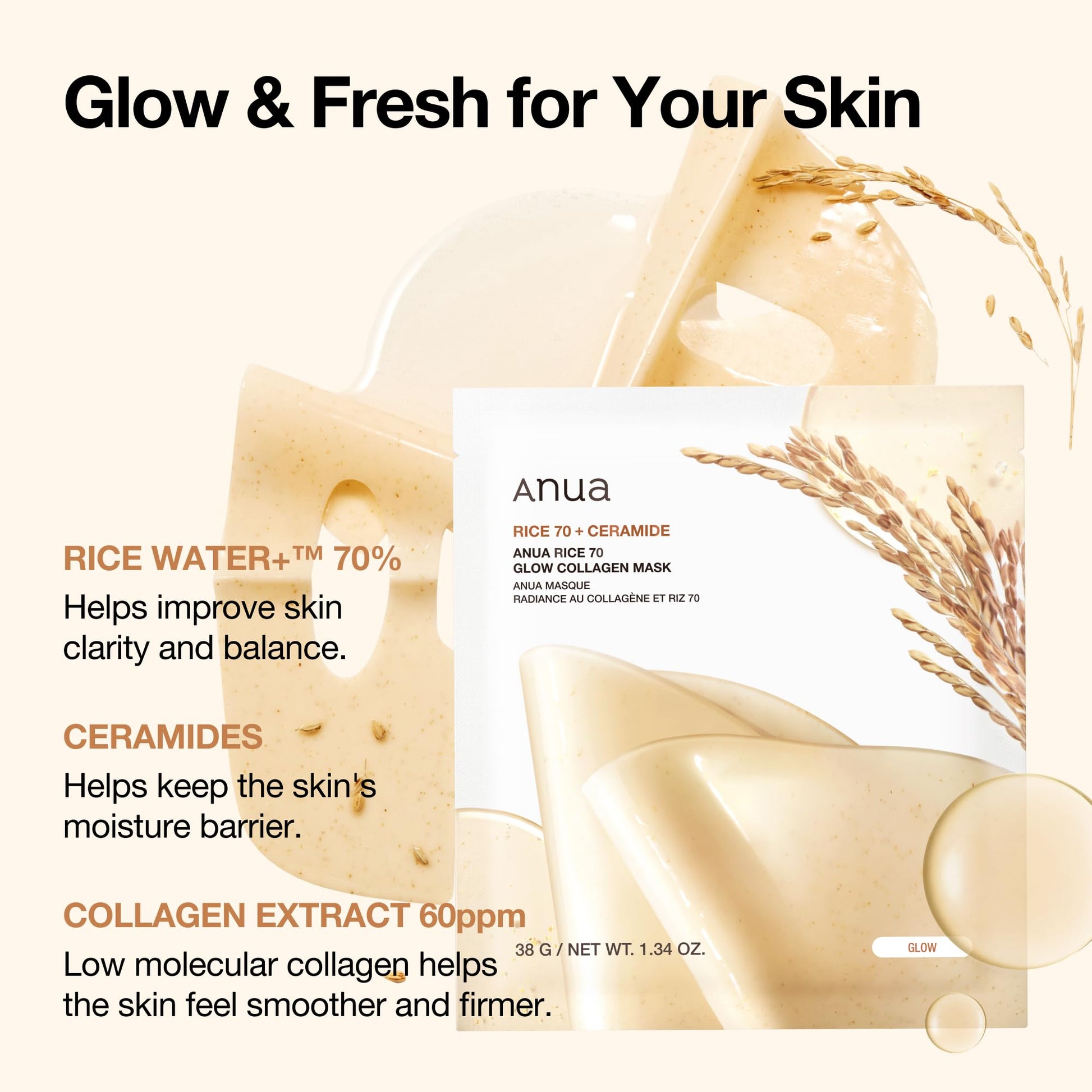 Anua Rice Collagen Mask: Overnight Glass Skin Care, 4 Pack