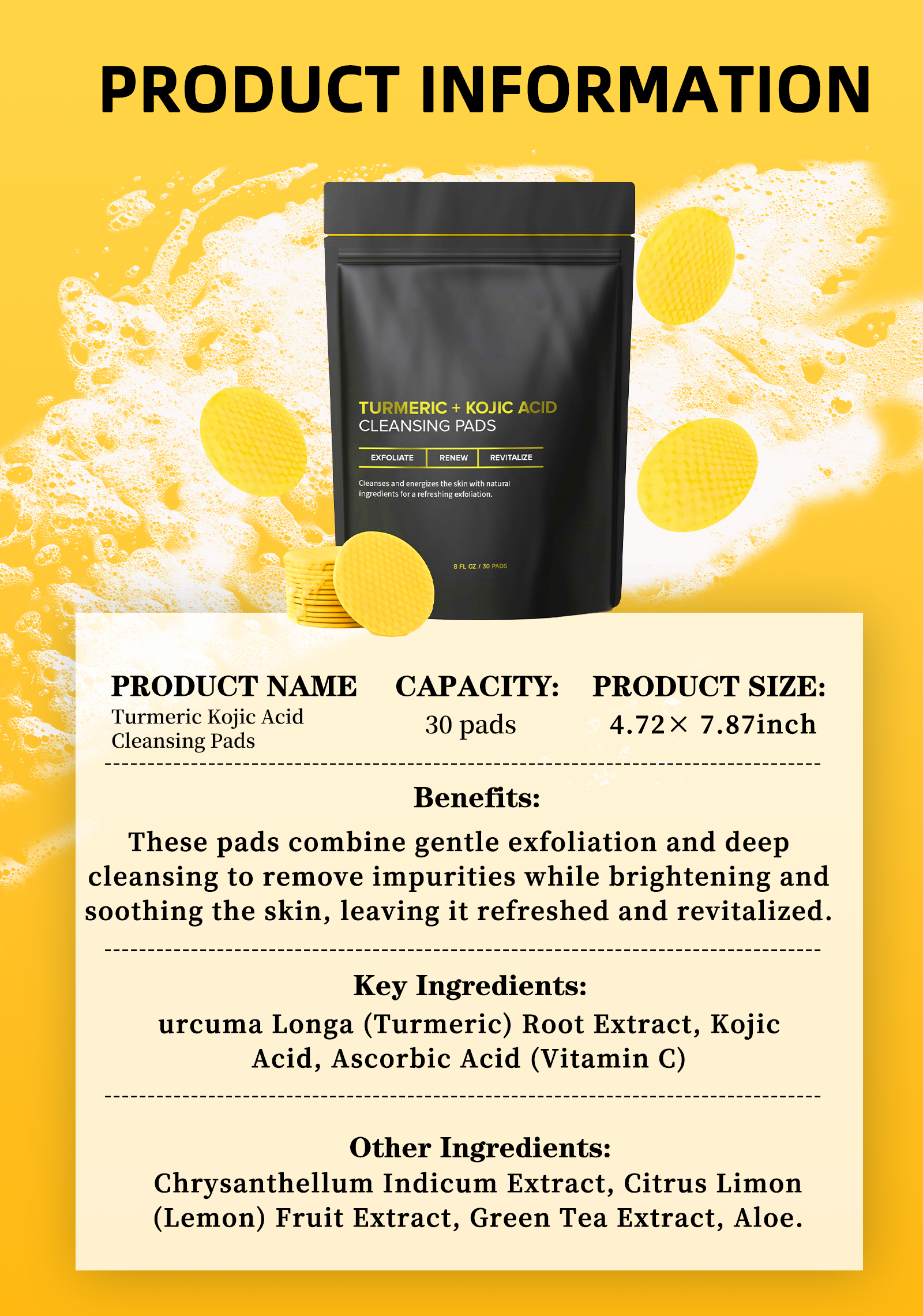 Turmeric Kojic Acid Cleansing Pads: Shrink Pores & Brighten
