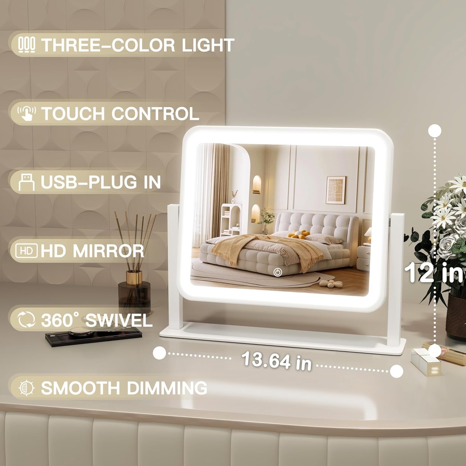 LED Makeup Mirror 14x12" Touch Control, 3-Color Adjustable